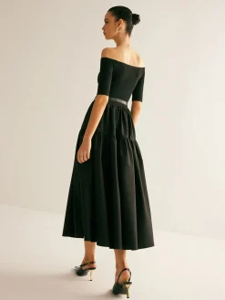 Cold-Shoulder Panel Pleated Belted Dress