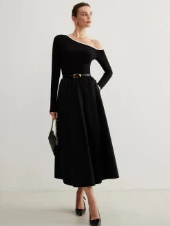Cold-Shoulder Pockets Panel Dress Without Belt