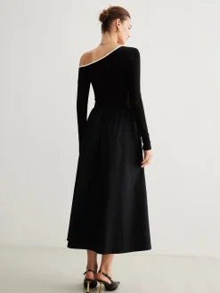 Cold-Shoulder Pockets Panel Dress Without Belt