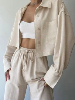 Collared Drawstring Two Piece Pants Set