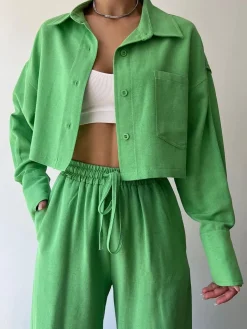 Collared Drawstring Two Piece Pants Set