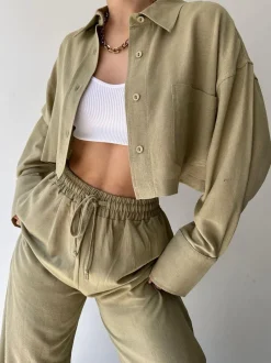 Collared Drawstring Two Piece Pants Set