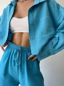 Collared Drawstring Two Piece Pants Set