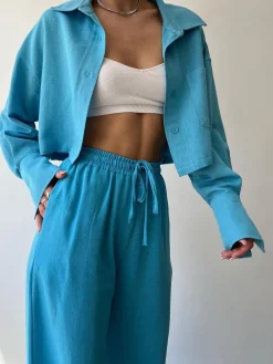 Collared Drawstring Two Piece Pants Set