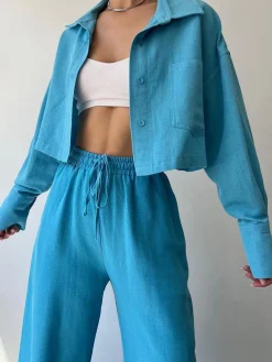 Collared Drawstring Two Piece Pants Set