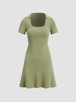 Collared Ribbed Square Neck Short Dress