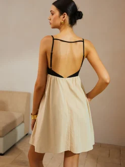 Color Block Backless Spaghetti Strap Short Dress