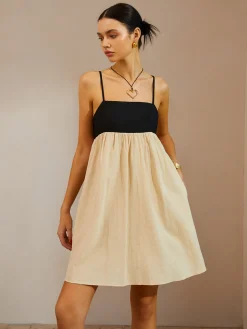 Color Block Backless Spaghetti Strap Short Dress