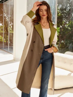 Color Block Faux Leather Trench Coat