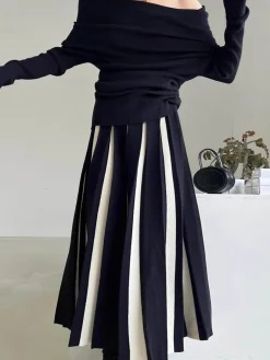 Color Block Knit Midi Skirt