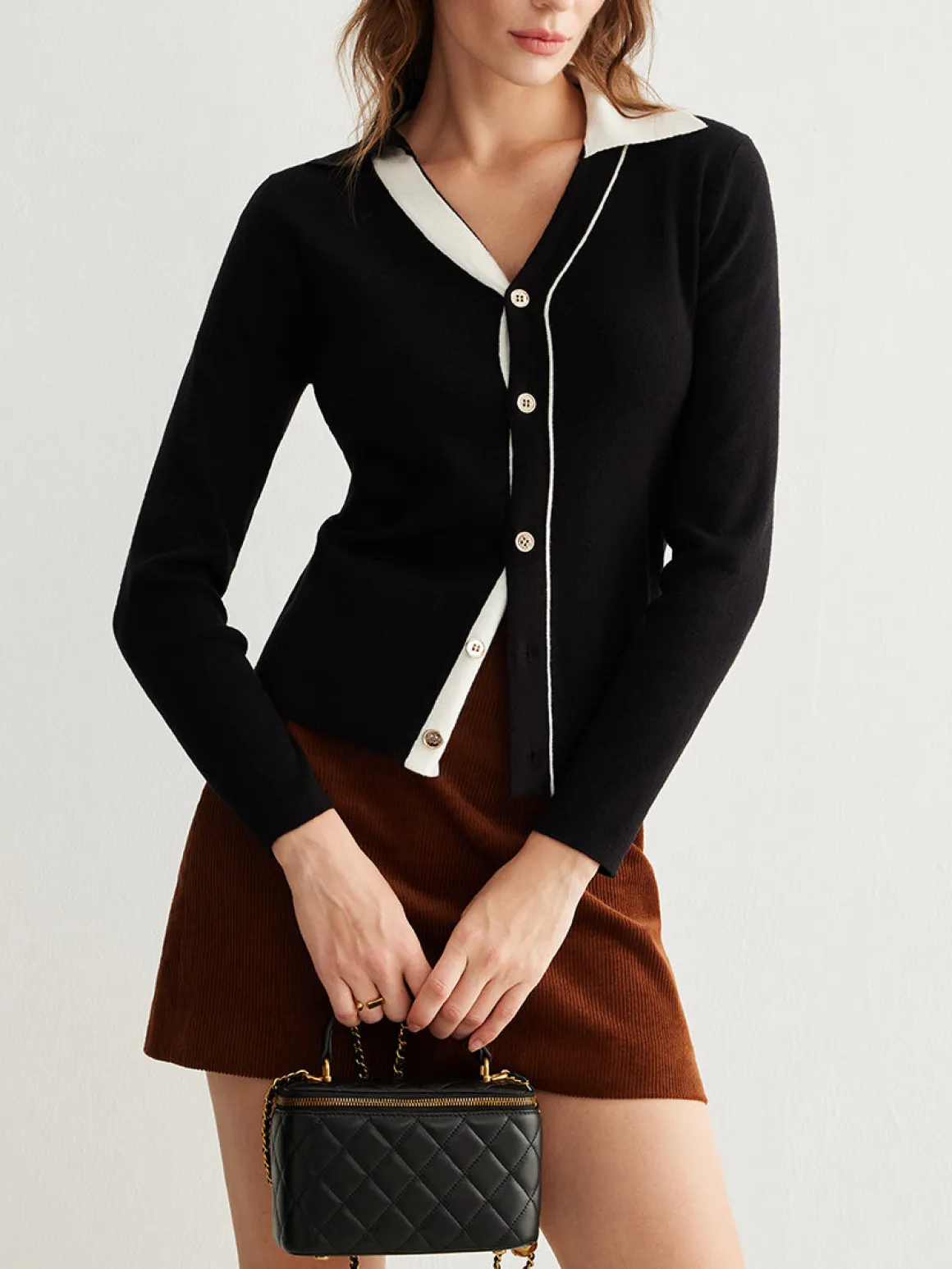 Color Block Lapel Button Cardigan