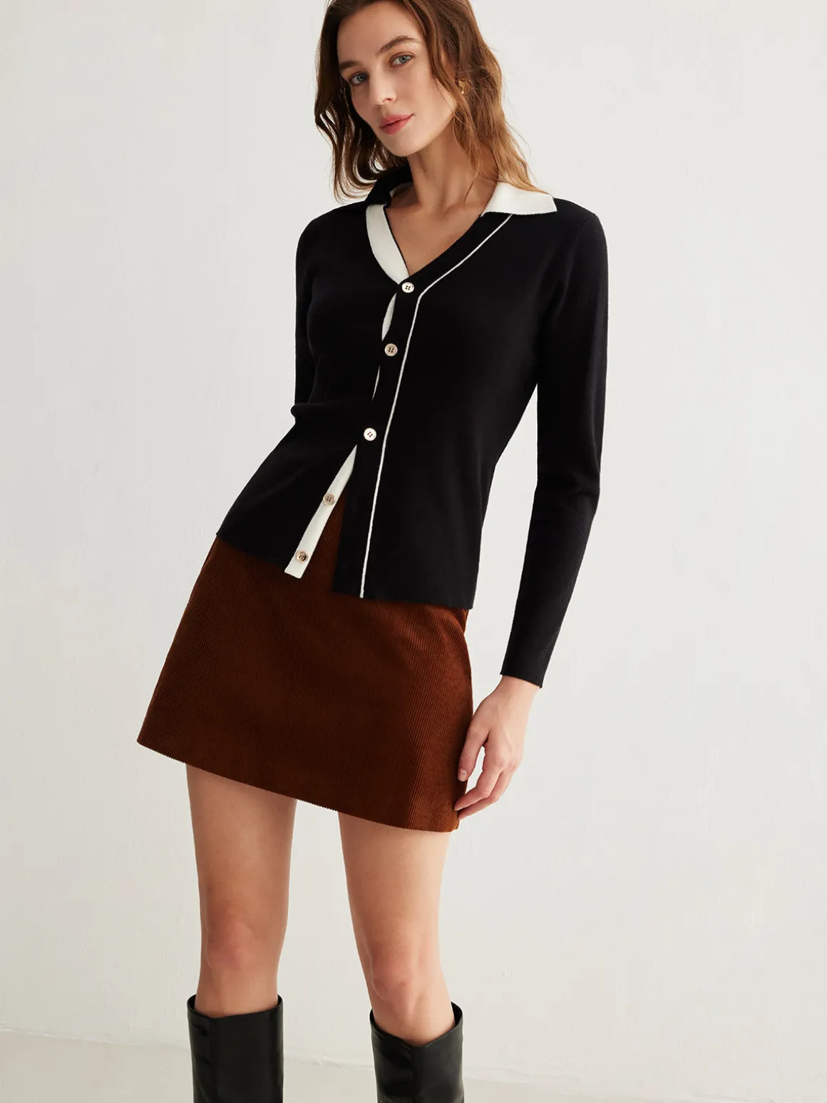 Color Block Lapel Button Cardigan