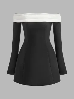 Color Block Off-Shoulder Bell Sleeve Dress