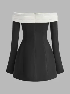 Color Block Off-Shoulder Bell Sleeve Dress