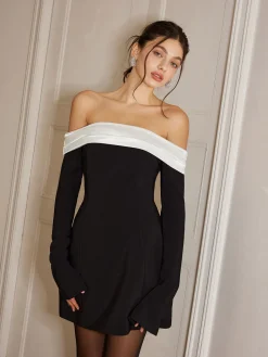 Color Block Off-Shoulder Bell Sleeve Dress