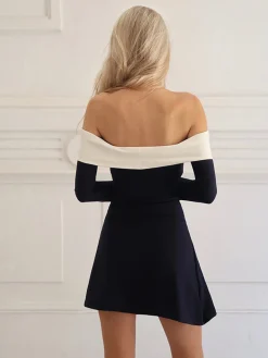 Color Block Off-Shoulder Long Sleeve Short Dress