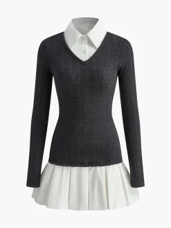 Color Block Panel Lapel Knit Dress
