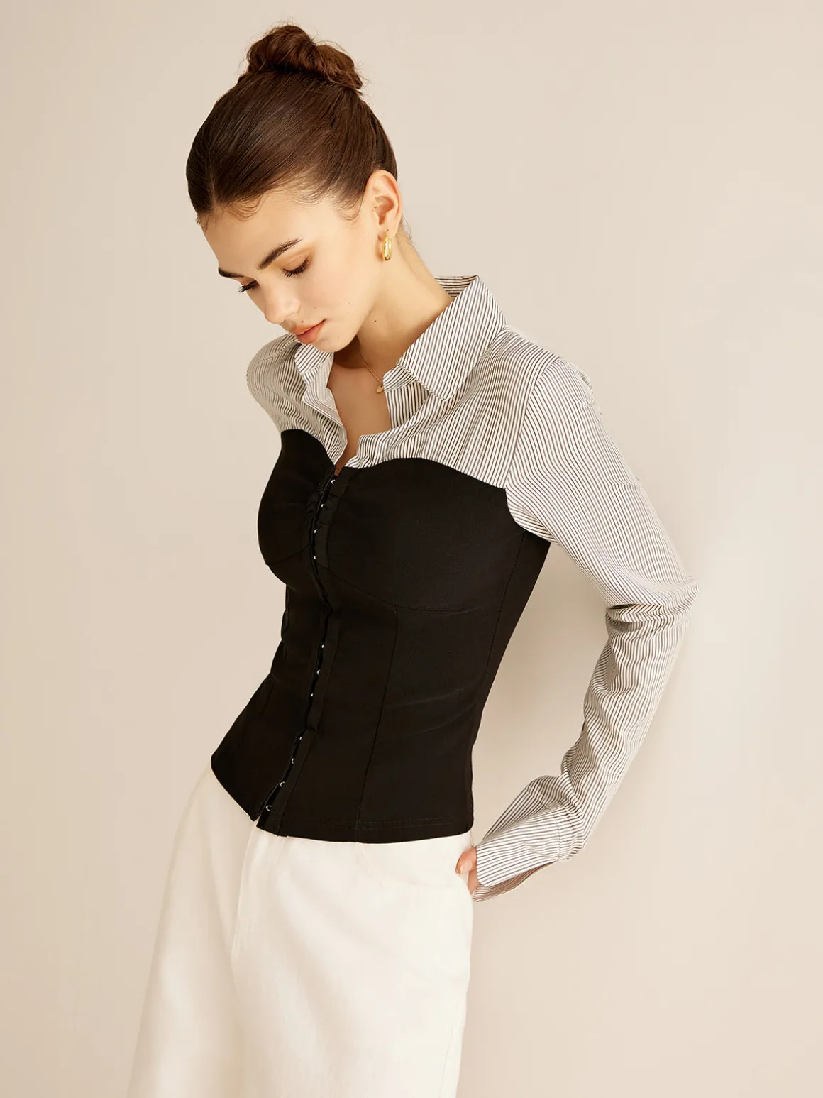 Color Block Panel Polo Blouse