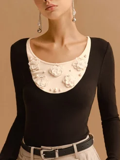 Color Block Pearl Floral Jersey Top
