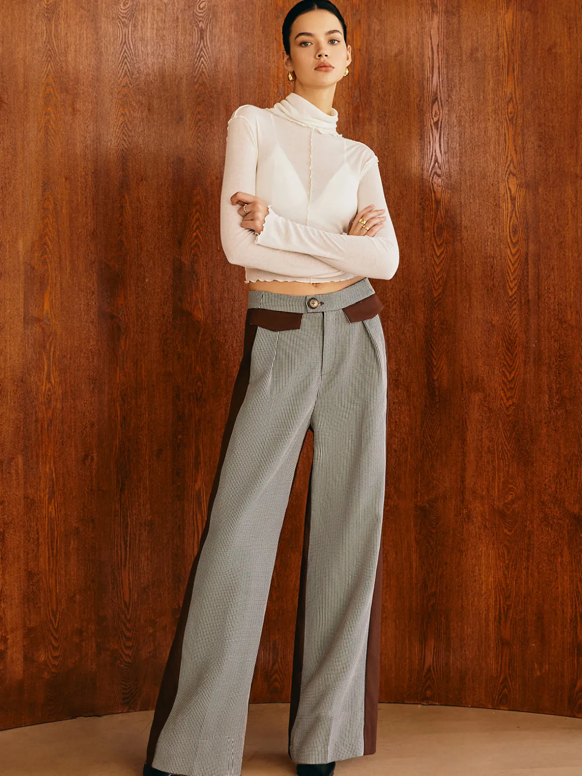 Color Block Plaid Straight Pants