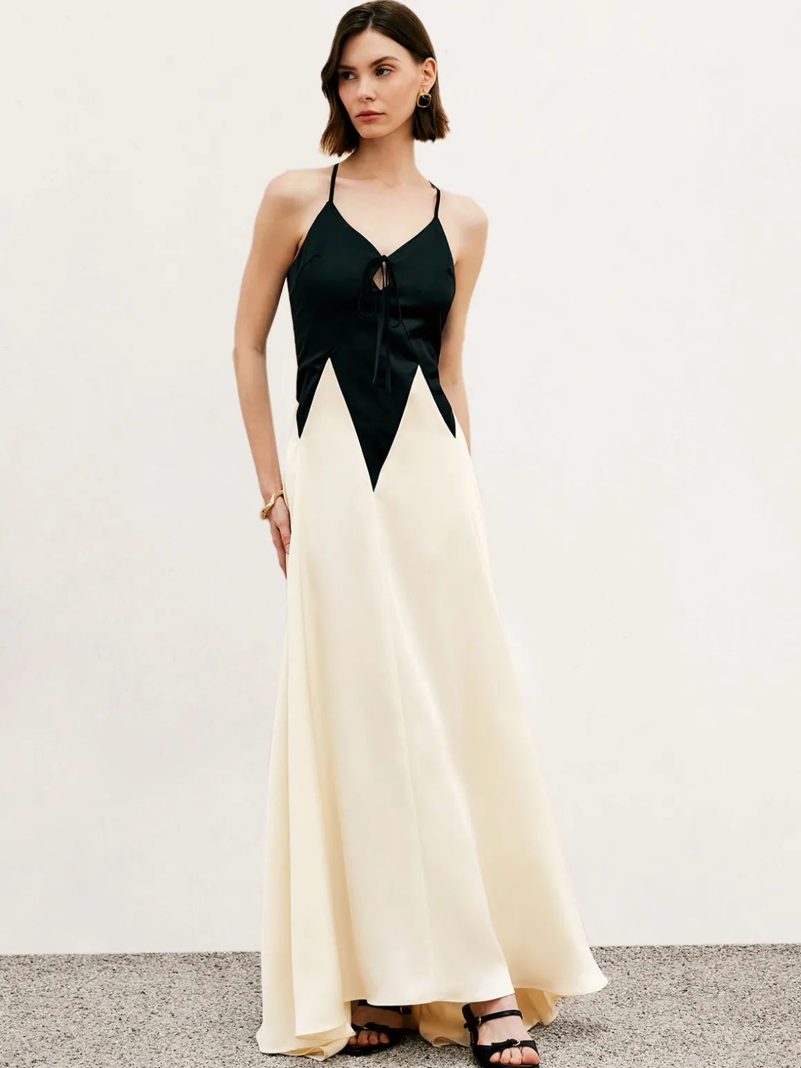 Color Block Pleated Cutout Cami Long Dress
