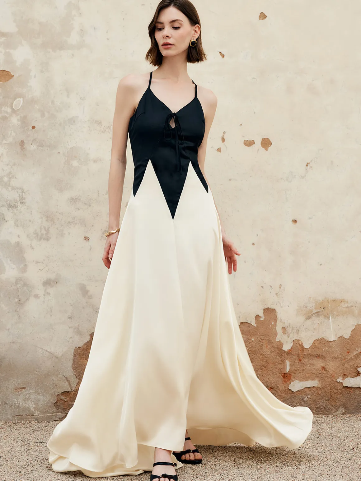 Color Block Pleated Cutout Cami Long Dress