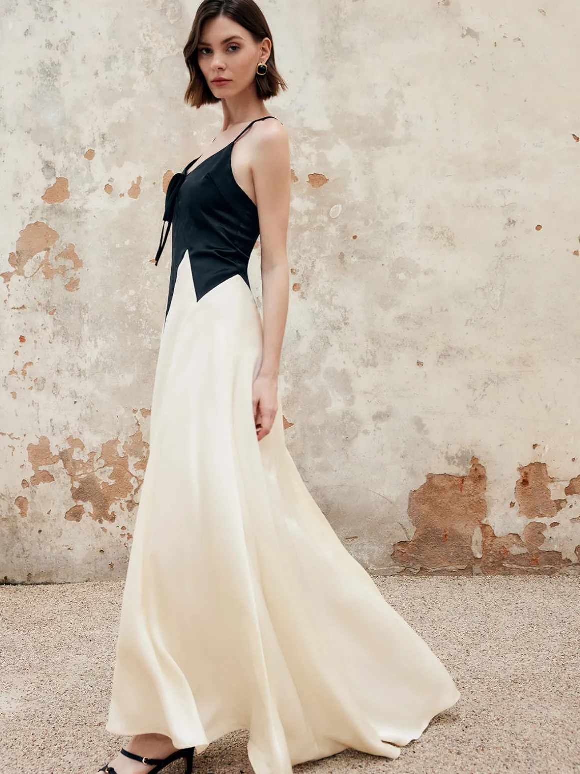 Color Block Pleated Cutout Cami Long Dress