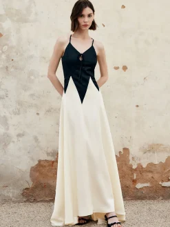 Color Block Pleated Cutout Cami Long Dress