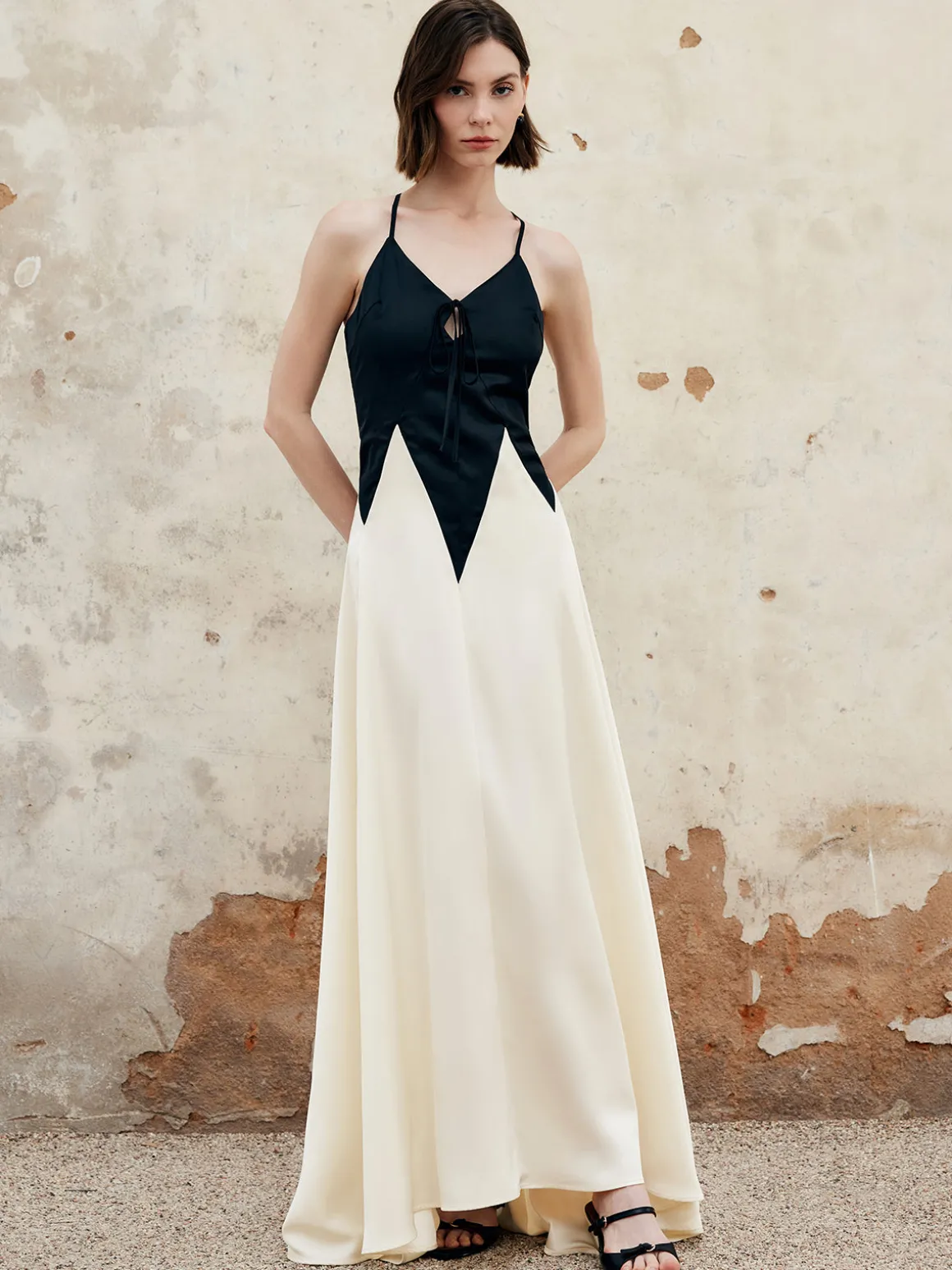 Color Block Pleated Cutout Cami Long Dress
