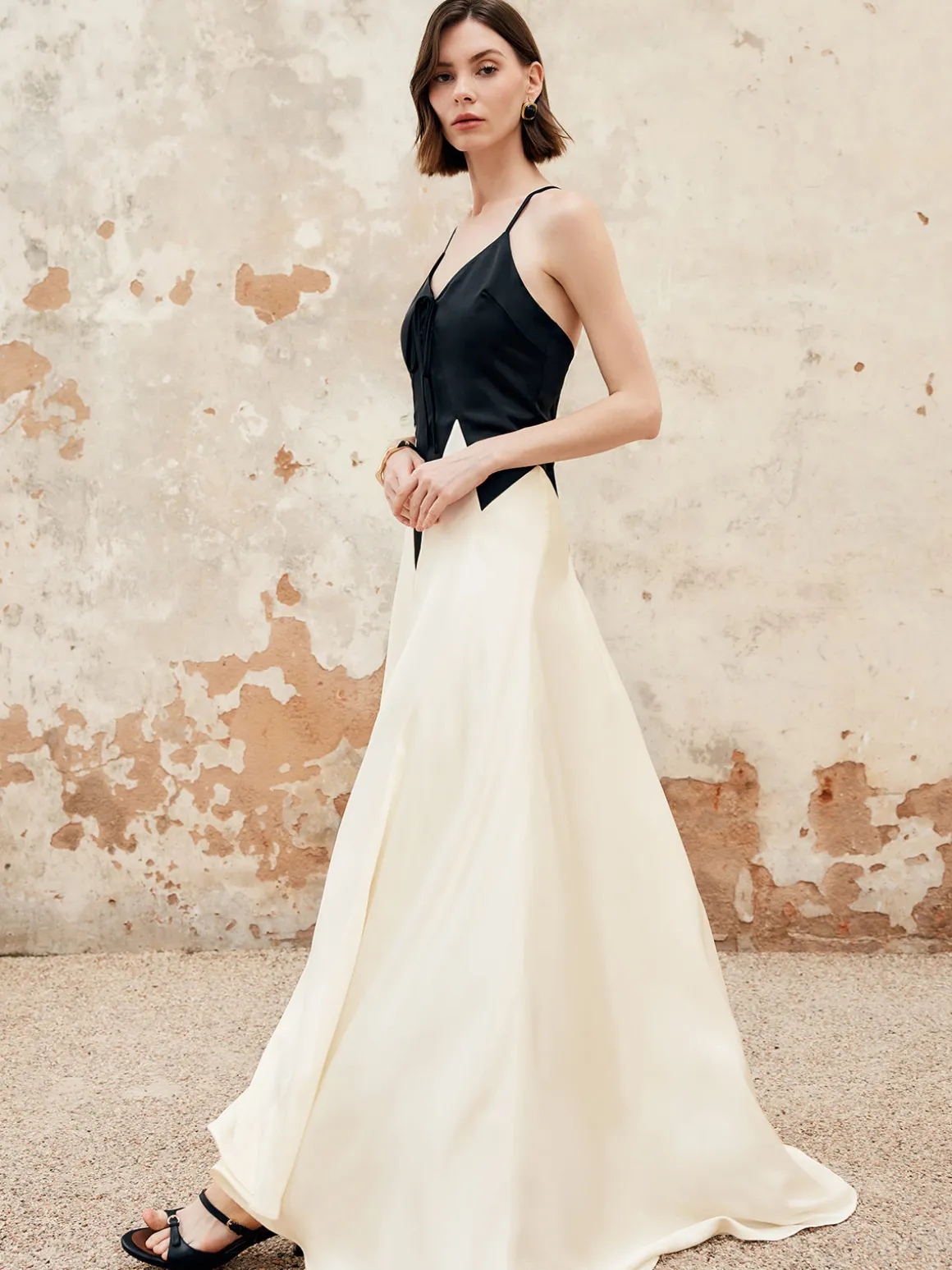 Color Block Pleated Cutout Cami Long Dress