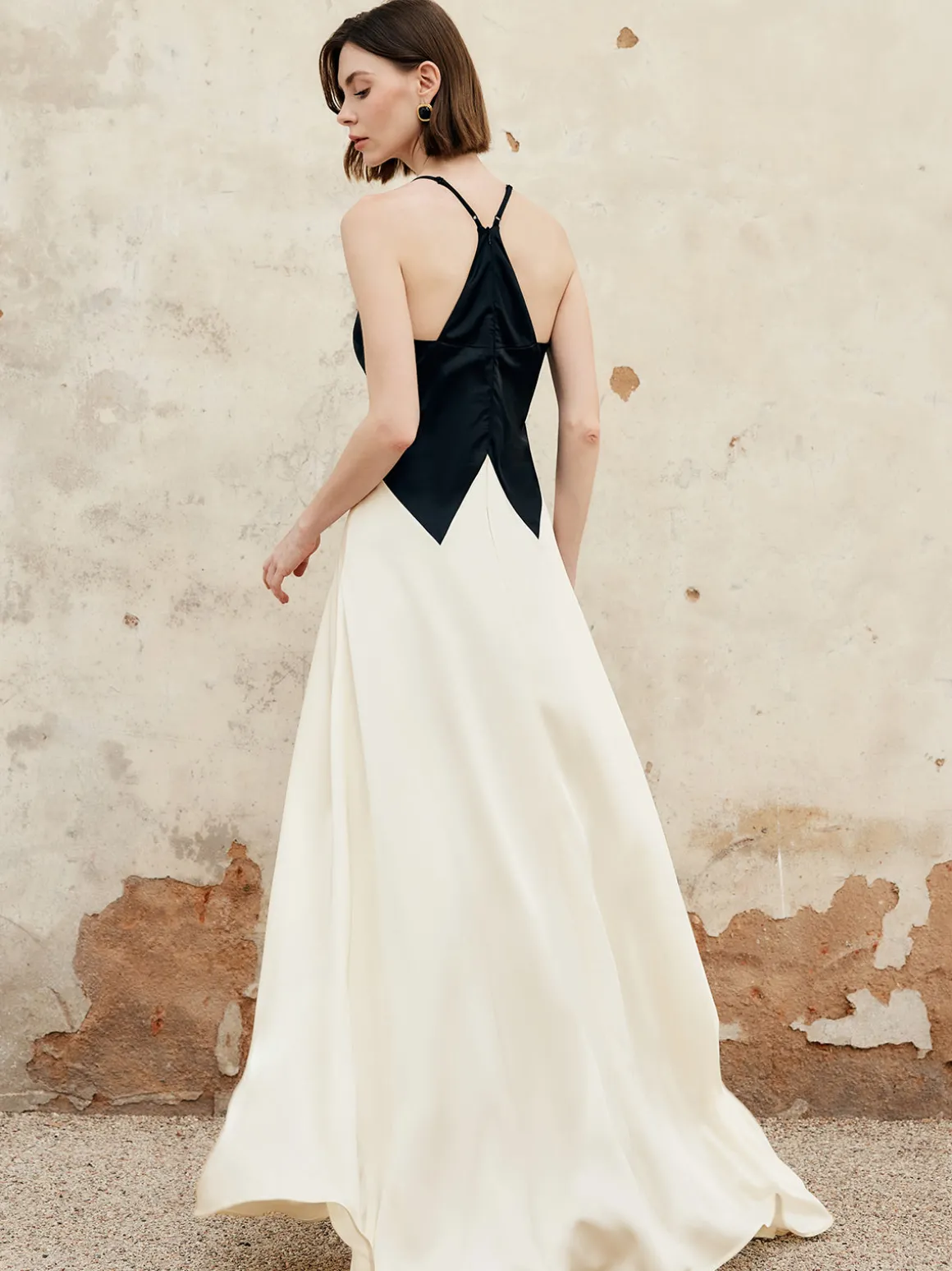Color Block Pleated Cutout Cami Long Dress