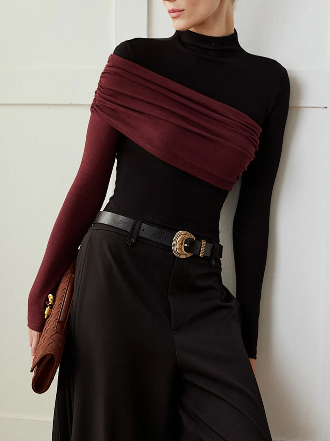 Color Block Pleated Jersey Slim Top