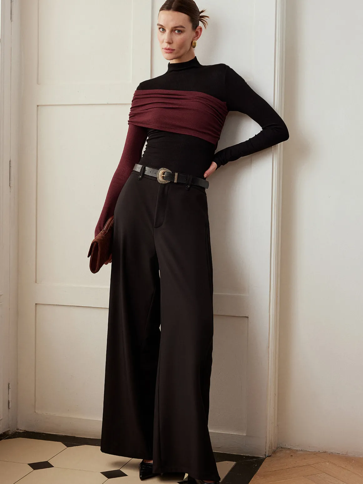 Color Block Pleated Jersey Slim Top