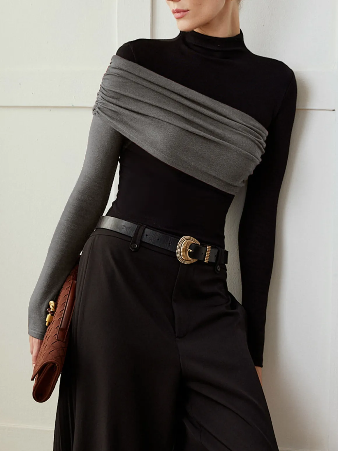 Color Block Pleated Jersey Slim Top