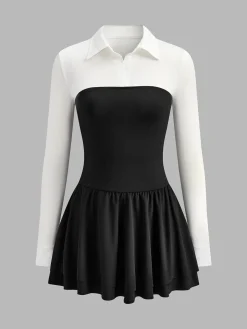 Color Block Pleated Panel Polo Dress