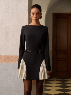 Color Block Side-Pleated Belted Short Dress
