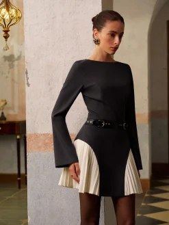 Color Block Side-Pleated Belted Short Dress