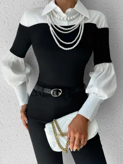 Color Block Skinny Lapel Top