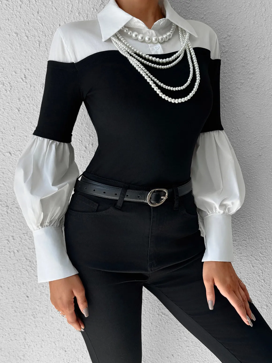 Color Block Skinny Lapel Top