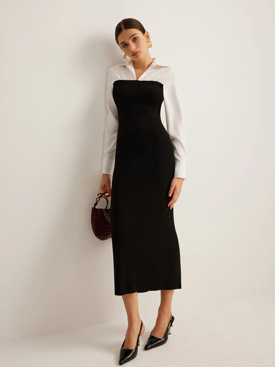 Color Block Skinny Lapel Dress