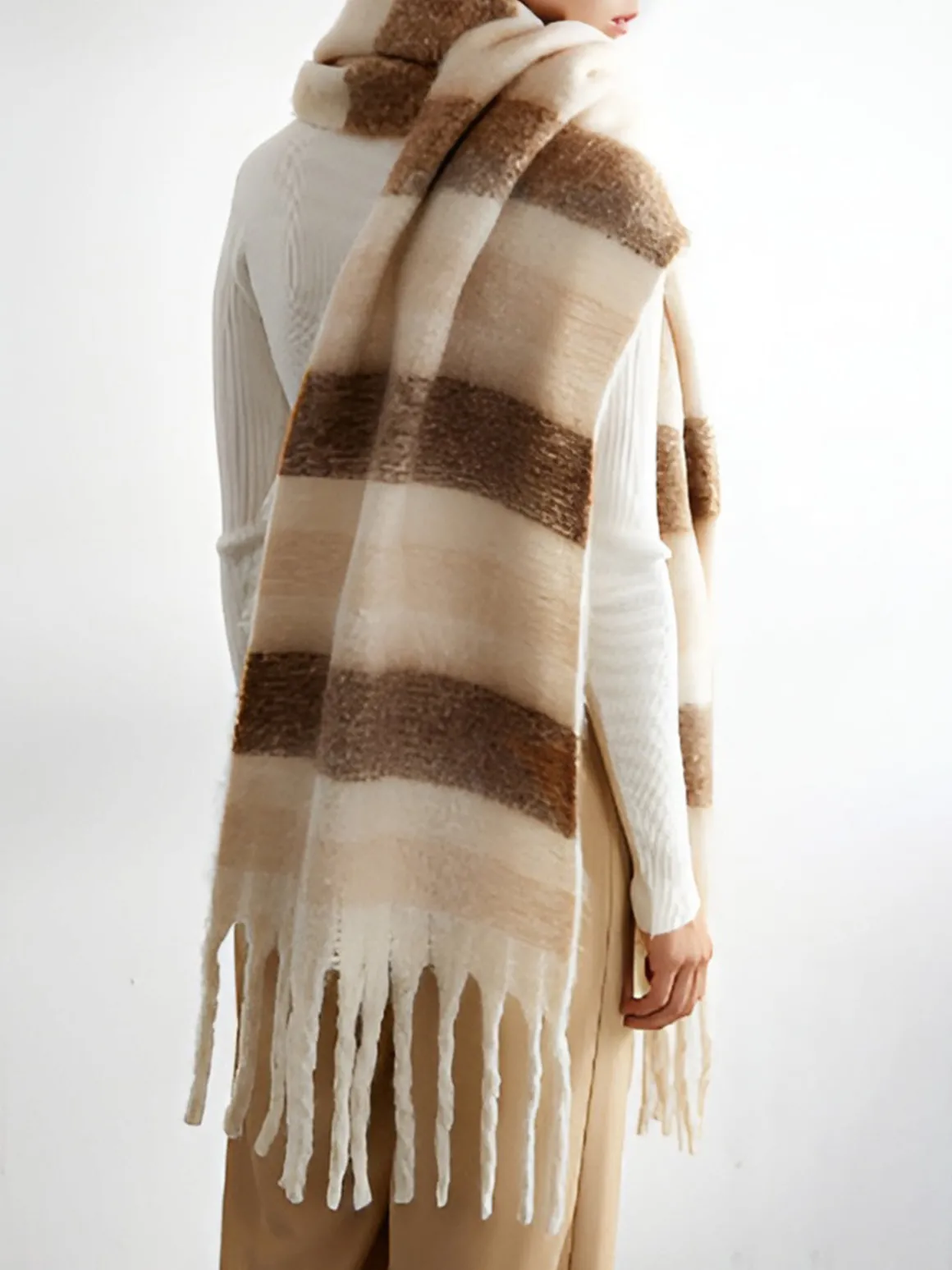 Color Block Striped Tassel Scarf