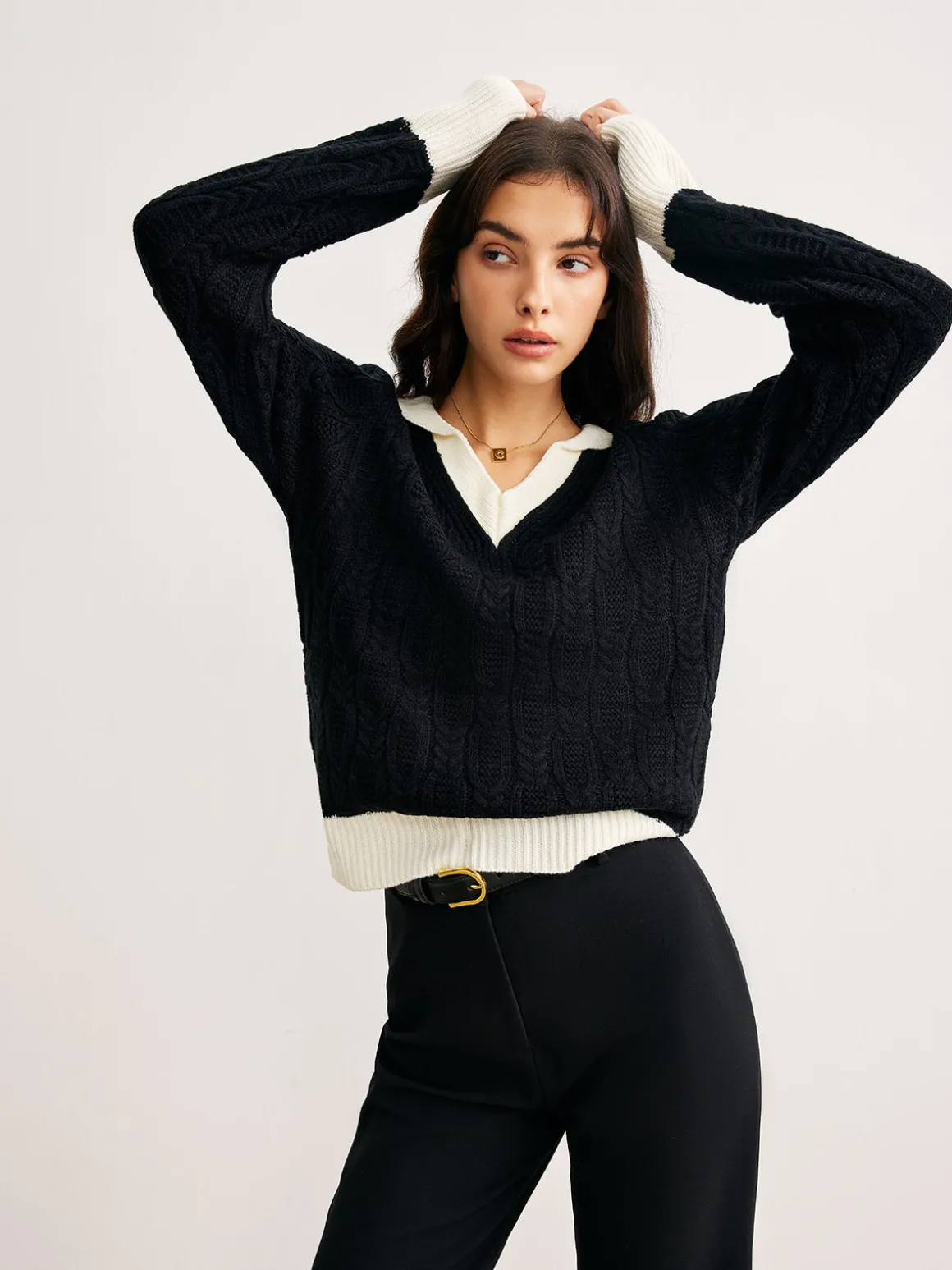 Color Block V-Neck Twist Sweater