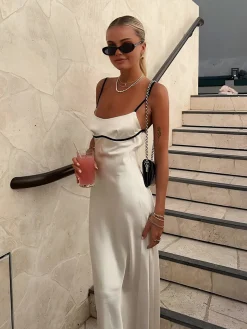 Contrast Binding Backless Long Dress