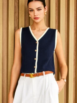 Contrast Binding Golden Button Sweater Vest