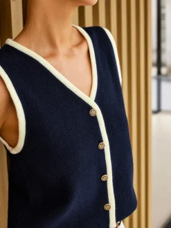 Contrast Binding Golden Button Sweater Vest