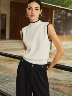 Contrast Binding High Neck Knit Vest