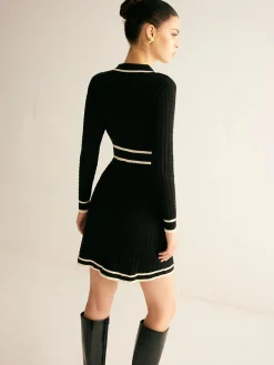 Contrast Binding Lapel Sweater Dress