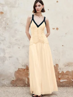 Contrast Binding Pleated Long Dress