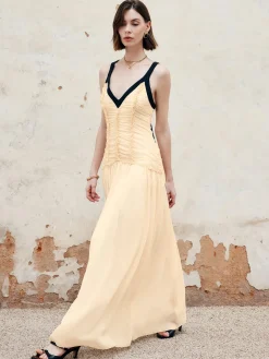 Contrast Binding Pleated Long Dress