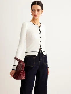 Contrast Binding Ribbed Button Cardigan
